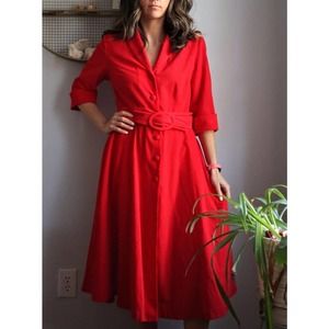 Women's J. Peterman Red Corduroy Midi Dress Button Down Pockets Belt 12 Large